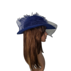 Vintage Michael Howard Hat Wool Wide Brim Feather Veil Womens Blue 80s - Image 2