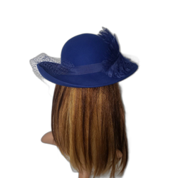 Vintage Michael Howard Hat Wool Wide Brim Feather Veil Womens Blue 80s - Image 4