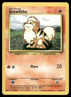Pokemon Cards Growlithe 28/102 UNLIMITED Base Set Uncommon LP - Image 1