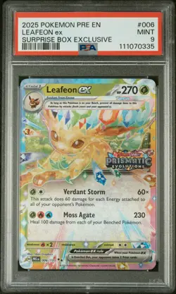 2025 Pokemon Prismatic Evolutions Leafeon Ex #006 Surprise Box PSA 9 - Image 1