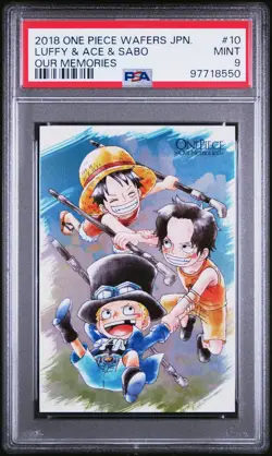 2018 ONE PIECE WAFERS JPN OUR MEMORIES #10 LUFFY & ACE & SABO PSA 9 - Image 1