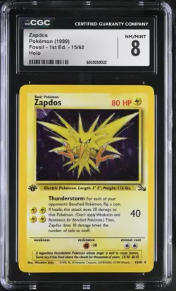 POKEMON CGC 8 Zapdos 15/62 Fossil 1st Edition Rare Holo *9032 - Image 1