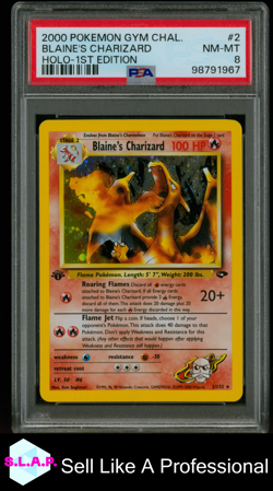 BLAINE'S CHARIZARD POKEMON FIRST EDITION HOLO 2 2000 GYM CHALLENGE ENGLISH PSA 8 - Image 1