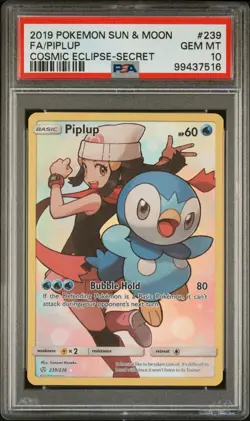 2019 POKEMON SUN & MOON COSMIC ECLIPSE 239 FULL ART/PIPLUP SECRET PSA 10 DAWN - Image 1