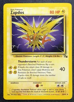 Pokemon TCG Zapdos 30/62 Fossil Unlimited Rare Vintage - Image 1