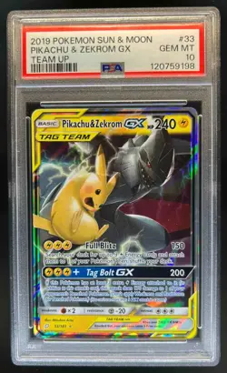 2019 Pokemon Sun & Moon Team Up Pikachu Zekrom Holo #33/181 PSA 10 - Image 1