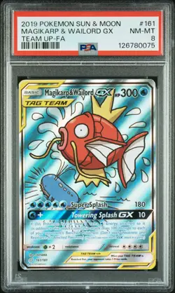 2019 POKEMON SUN & MOON TEAM UP #161 FULL ART/MAGIKARP & WAILORD GX PSA 8 - Image 1