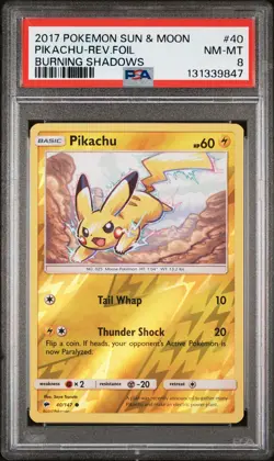 2017 POKEMON SUN & MOON BURNING SHADOWS #40 PIKACHU-REVERSE FOIL PSA 8 - Image 1