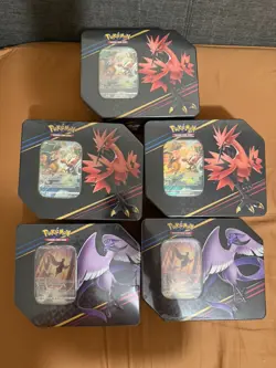 Pokemon TCG 5 Crown Zenith Tins | 3 Zapdos + 2 Articuno Packs (few tiny tears) - Image 1