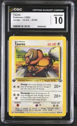 CGC 10 GEM MINT Tauros 1999 Jungle 1st Edition 47/64 Pokemon Card - Image 1