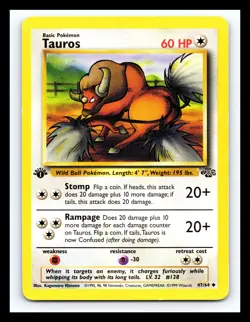 💥 Tauros 47/64 Jungle 1st Edition Stamp Non Holo Foil Pokemon 1999 Vintage Card - Image 1
