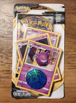 Rare SWSH Rebel Clash Gengar Checklane Blister Pokemon HTF 3 Card Booster Pack - Image 1