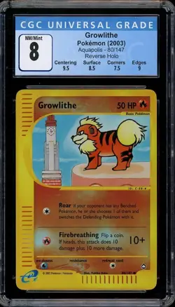 2003 Pokemon Aquapolis 80/147 GROWLITHE Reverse Holo CGC 8 NM-MT - Image 1