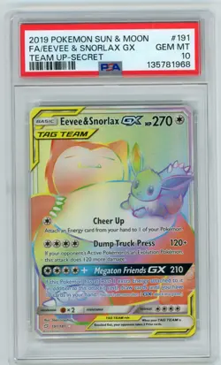 PSA 10 EEVEE & SNORLAX GX #191 FULL ART SECRET SUN & MOON TEAM UP 2019 POKEMON - Image 1