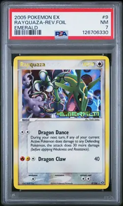 2005 POKEMON EX EMERALD #9 RAYQUAZA-REVERSE FOIL PSA 7 - Image 1