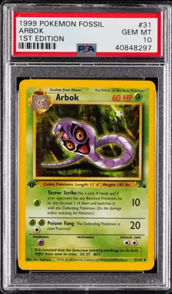 1999 POKEMON FOSSIL 1ST ED #31 ARBOK PSA 10 - Image 1