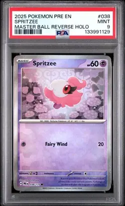 2025 POKEMON PRISMATIC EVOLUTIONS #038 - SPRITZEE MASTER BALL REVERSE HOLO PSA 9 - Image 1