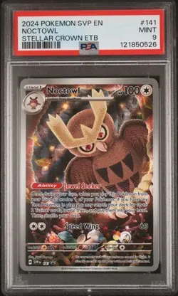 2024 POKEMON STELLAR CROWN POKEMON CENTER ETB PROMO #141 NOCTOWL PSA 9 - Image 1