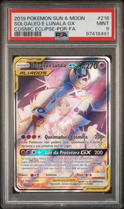 2019 POKEMON SUN & MOON COSMIC ECLIPSE #216 FULL ART/SOLGALEO E LUNALA GX PSA 9 - Image 1