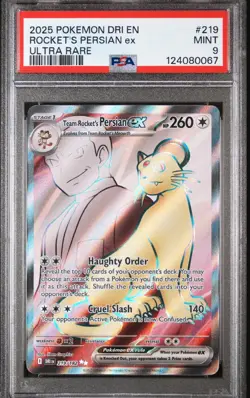 2025 POKEMON DRI EN-DESTINED RIVALS ULTRA RARE TEAM ROCKET'S PERSIAN EX PSA 9 - Image 1