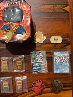 Pokemon Collector Lot Charizard Tin Dog Tag League Badges Coins Promos Cards - Image 1