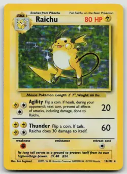 Pokemon TCG Raichu 14/102 Base Set Holo Rare Unlimited 1999 WOTC LP - Image 1