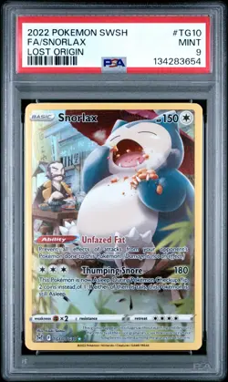 2022 POKEMON SWORD & SHIELD LOST ORIGIN #TG10 FULL ART SNORLAX PSA 9 MINT - Image 1