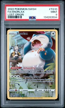 2022 POKEMON SWORD & SHIELD LOST ORIGIN #TG10 FULL ART SNORLAX PSA 9 MINT - Image 1