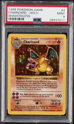 1999 POKEMON GAME SHADOWLESS #4 CHARIZARD-HOLO PSA 9 - Image 1