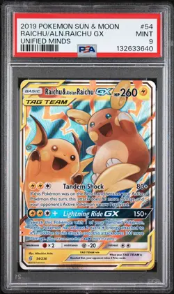 3640 Raichu & Alolan Raichu GX 2019 Pokemon Sun Moon Unified Minds #54 PSA 9 - Image 1