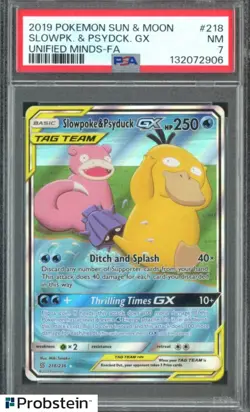 2019 POKEMON SUN & MOON UNIFIED MINDS #218 SLOWPK. & PSYDCK. GX FA PSA 7 - Image 1