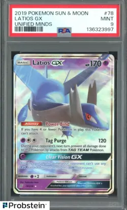 2019 POKEMON SUN & MOON UNIFIED MINDS #78 LATIOS GX PSA 9 MINT - Image 1
