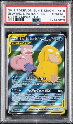 2019 POKEMON SUN & MOON UNIFIED MINDS #218 FULL ART/SLOWPOKE & PSYDUCK GX PSA 10 - Image 1