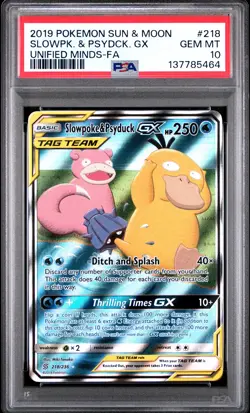 2019 POKEMON SUN & MOON UNIFIED MINDS #218 FULL ART/SLOWPOKE & PSYDUCK GX PSA 10 - Image 1