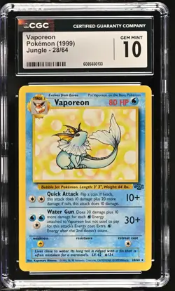 CGC 10 GEM MINT Vaporeon 1999 Jungle 28/64 Pokemon Card - Image 1