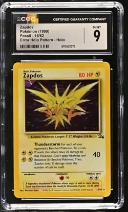CGC 9 MINT Zapdos 1999 Fossil 15/62 Error Holo Pattern,Holo Pokemon Card - Image 1