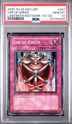 YUGIOH PSA 10 2003 Jar of Greed LON-047 Super Rare 1st Edition - Image 1