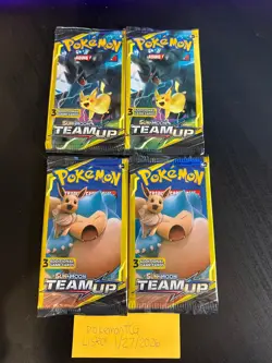 4 total Pokemon TCG Sun And Moon Team Up Mini Booster Pack 3 Cards Unopened - Image 1