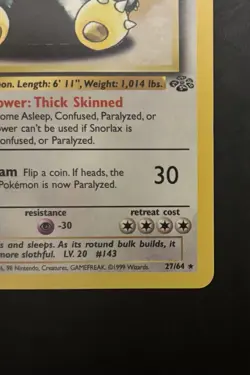 Pokemon TCG Snorlax Jungle Card 27/64 1st Edition Rare, Near Mint/Mint - Image 4