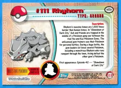 2000 Topps Pokemon TV Animation Edition Rhyhorn #111 Blue Topps Logo NM-MT - Image 2