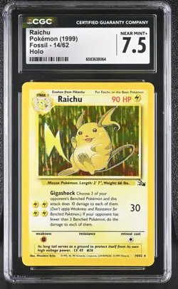 CGC 7.5 Raichu 1999 Fossil 14/62 Holo Pokemon Card - Image 1