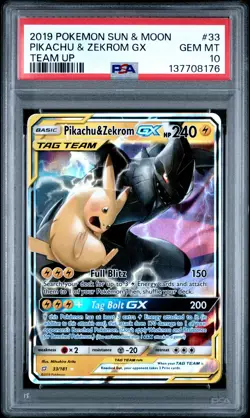 2019 POKEMON SUN & MOON TEAM UP #33 PIKACHU & ZEKROM GX PSA 10 - Image 1