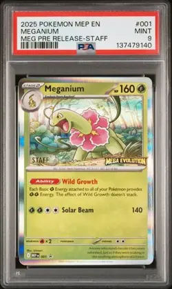 2025 POKEMON MEGA EVOLUTION PRERELEASE-STAFF PROMO #001 MEGANIUM PSA 9 - Image 1