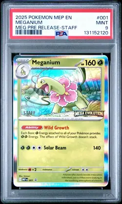 2025 Meganium 001 MEP Mega Evolution STAFF Prerelease Promo Pokemon PSA 9 - Image 1