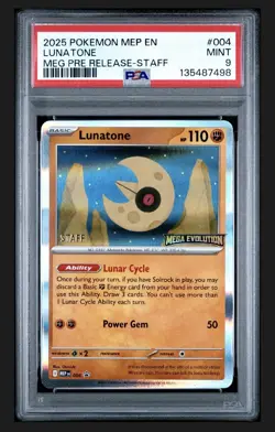 2025 POKEMON MEP PROMO MEGA EVOLUTION PRERELEASE-STAFF #004 LUNATONE PSA 9 - Image 1