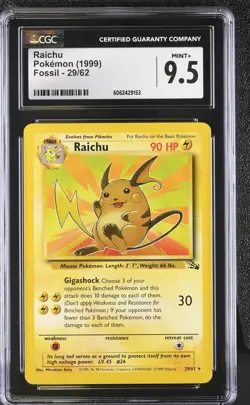 CGC 9.5 MINT+ Raichu 1999 Fossil 29/62 Pokemon Card - Image 1