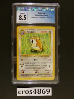 1999 Pokemon 1st Edition Base Set Raticate, CGC 8.5 (like PSA) - Image 1