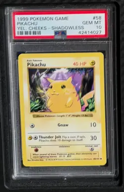 PSA 10 Pikachu 1999 Pokemon Base Set #58 SHADOWLESS - YELLOW CHEEKS - GEM MINT - Image 2