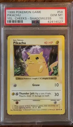 PSA 10 Pikachu 1999 Pokemon Base Set #58 SHADOWLESS - YELLOW CHEEKS - GEM MINT - Image 3
