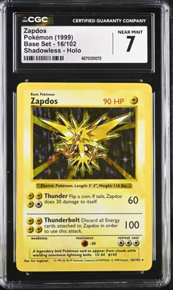 POKEMON CGC 7 NM Base Set Shadowless Zapdos 16/102 Holo Rare Unlimited *0072 - Image 1